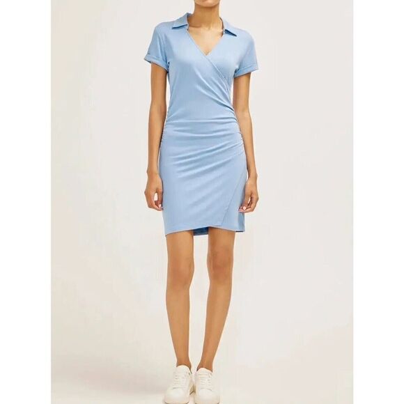 Three Dots SOU0280S Women's Sz Large Lichen Blue Collared Wrap Style Dress - Picture 6 of 9